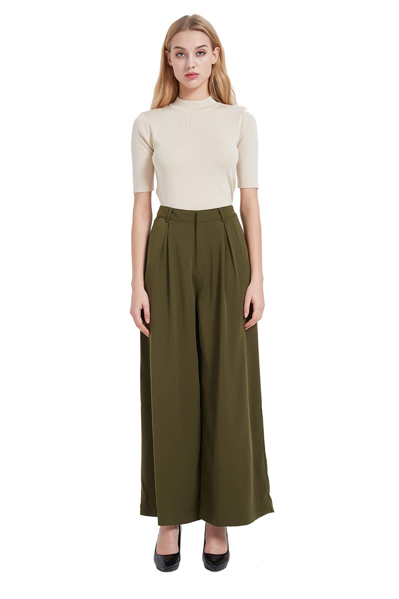 Tronjori Women High Waist Casual Wide Leg Long Palazzo Pants Trousers Regular Size(L,Olive) - Image 3
